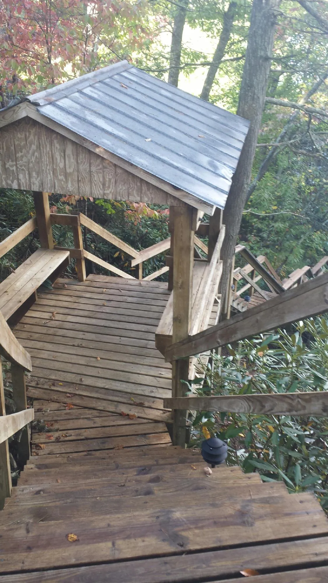 Metal roofed shelter over wooden steps on a wooded walkway — Skylight Repair & Installation work by our crew in Boring
